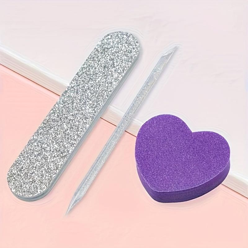 Nail Care Set - Pink Glitter Nail Files, Buffing Crystal Stick, and Heart-Shaped Sponge Blocks - Unscented Tools & Accessories Kit