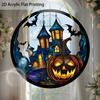 1pc Sun Catcher 16.6Cm/6.54In 2D Flat Decoration 1pc, Halloween Haunted House Pumpkin Theme Round Translucent Pendant, Horror Cartoon Style, Suitable