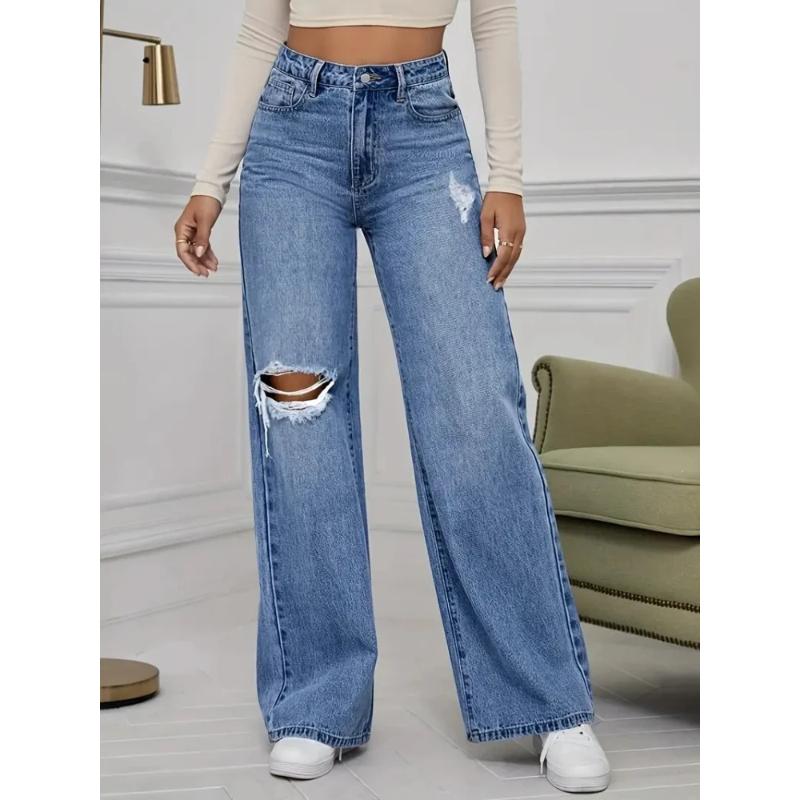 Damenjeans Denimhose Weiter Bein Vintage Used Zerrissen Hose 2026 Streetwear Gewaschen Taschen Bodenlang Loch Jeans