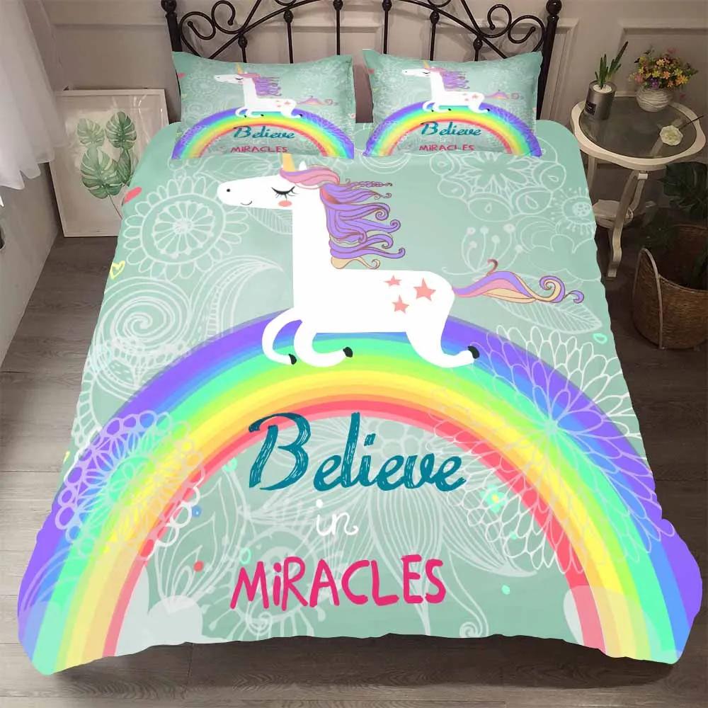 Microfiber Fabric Bedclothes Kids Beds Cartoon Rainbow Unicorn Bedding Set Home Bed Set Cute Unicorn Duvet Cover With Pillowcase