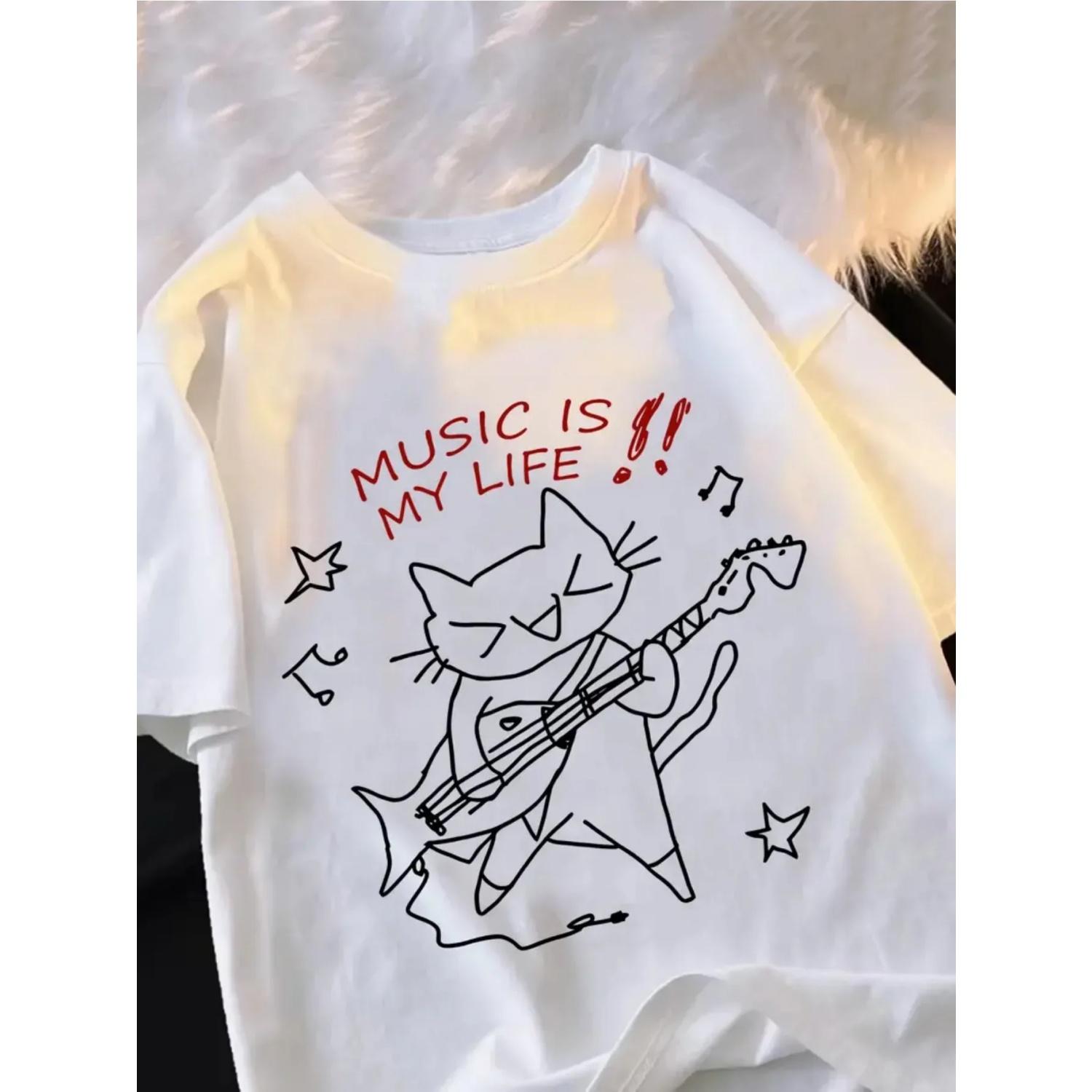 

Music Is My Life_ Cat Graphic Tee Breathable Moisture-Wicking Comfort Fit Crew Neck T-Shirt for Women Cute Tshirt XXXXXL чорний