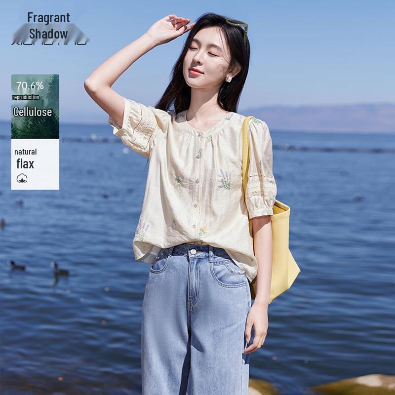 Xiangying Women s Short Sleeve Embroidered Floral Round Neck Summer Shirt S