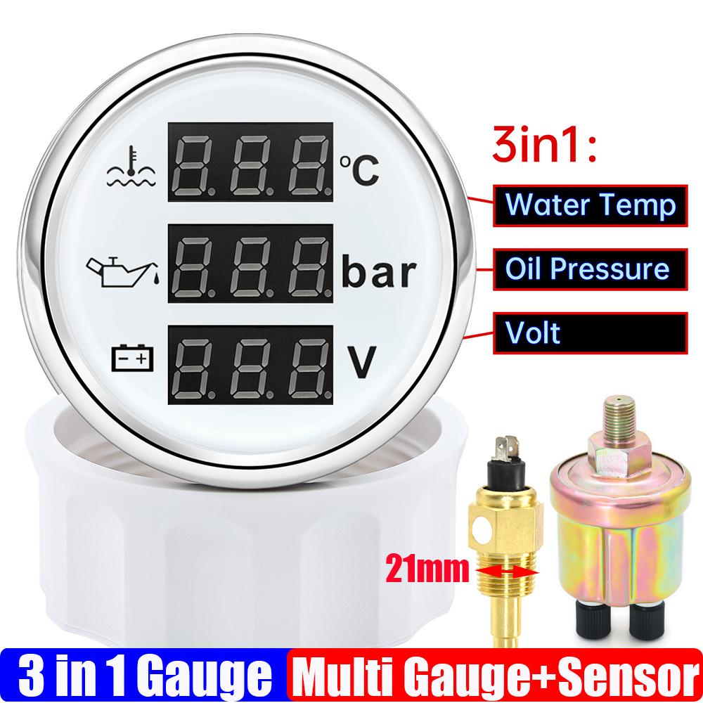 3 In 1 Digital 52mm Gauge with Alarm 0~120℃ Water Temperature Gauge+Oil Pressure+Voltage with Oil Press/Water Temp Sensor