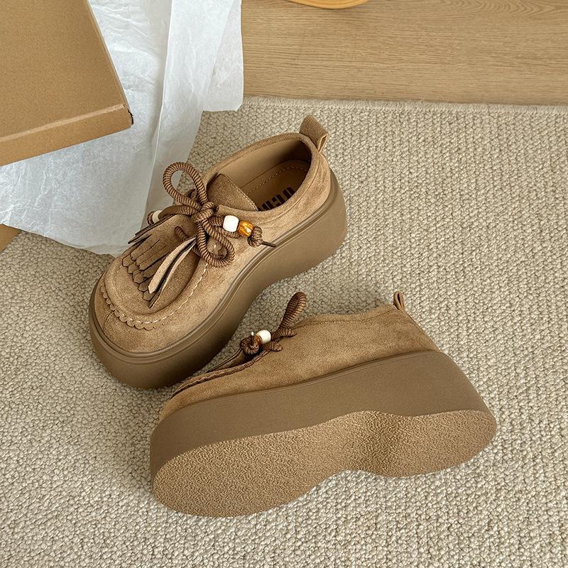 

Этнический стиль, туфли-лодочки с мелким вырезом, на толстой подошве, матовые, одинарные, женские, 2025, осенние, новые, с кисточками, бисером, кружевом, повседневные лоферы, одинарные туфли 40 хаки