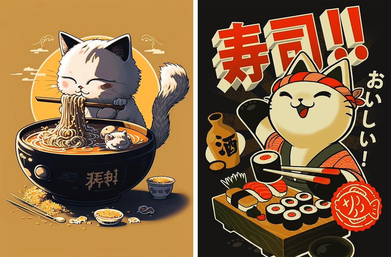 

ZYSMIY Diamond Art Kit Набор из 2 японских блюд Японская еда Мультфильм Рамен Кот Суши Кот Милый кот Животное ест Рамен и суши 5D Алмазная картина Сделай сам