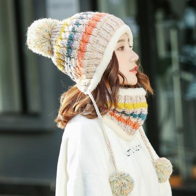 Damenmode Herbst und Winter Warmes Set aus gestrickter Wollmütze und Schal mit Bommel, passend zum koreanischen Stil, zweiteiliges Set mit Fleecefutter und Halstuch