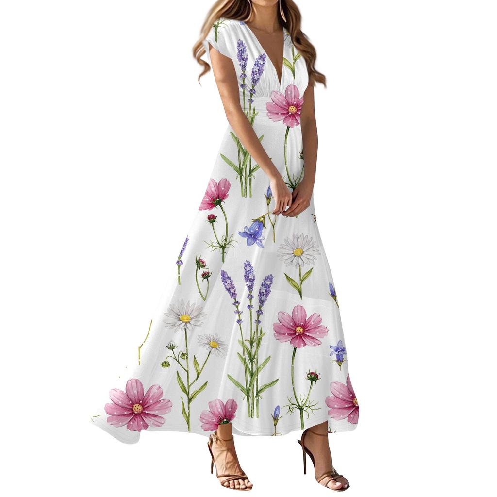 Women's Summer Casual Fashion Floral Print Dress V-Neck Short Sleeve Dresses