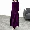 Pile Collar Long Sleeves Pockets A-Line Women Dress Spring Autumn Pleated Loose Hem Solid Color Velvet Maxi Dress