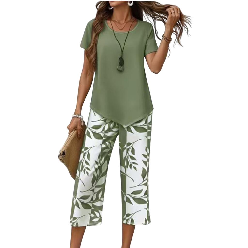Damen Freizeit Zweiteiler Set Kurzarm Oberteil mit Hoher Taille Weiter Bein Bedruckte Hose Leichte Loungewear Sommer Outfit