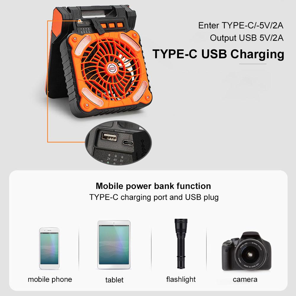 Solar Outdoor Camping Fan with LED Light USB Rechargeable Solar Outdoor Tent Fan 5200mAh Solar Cordless Tent Fan for Emergency