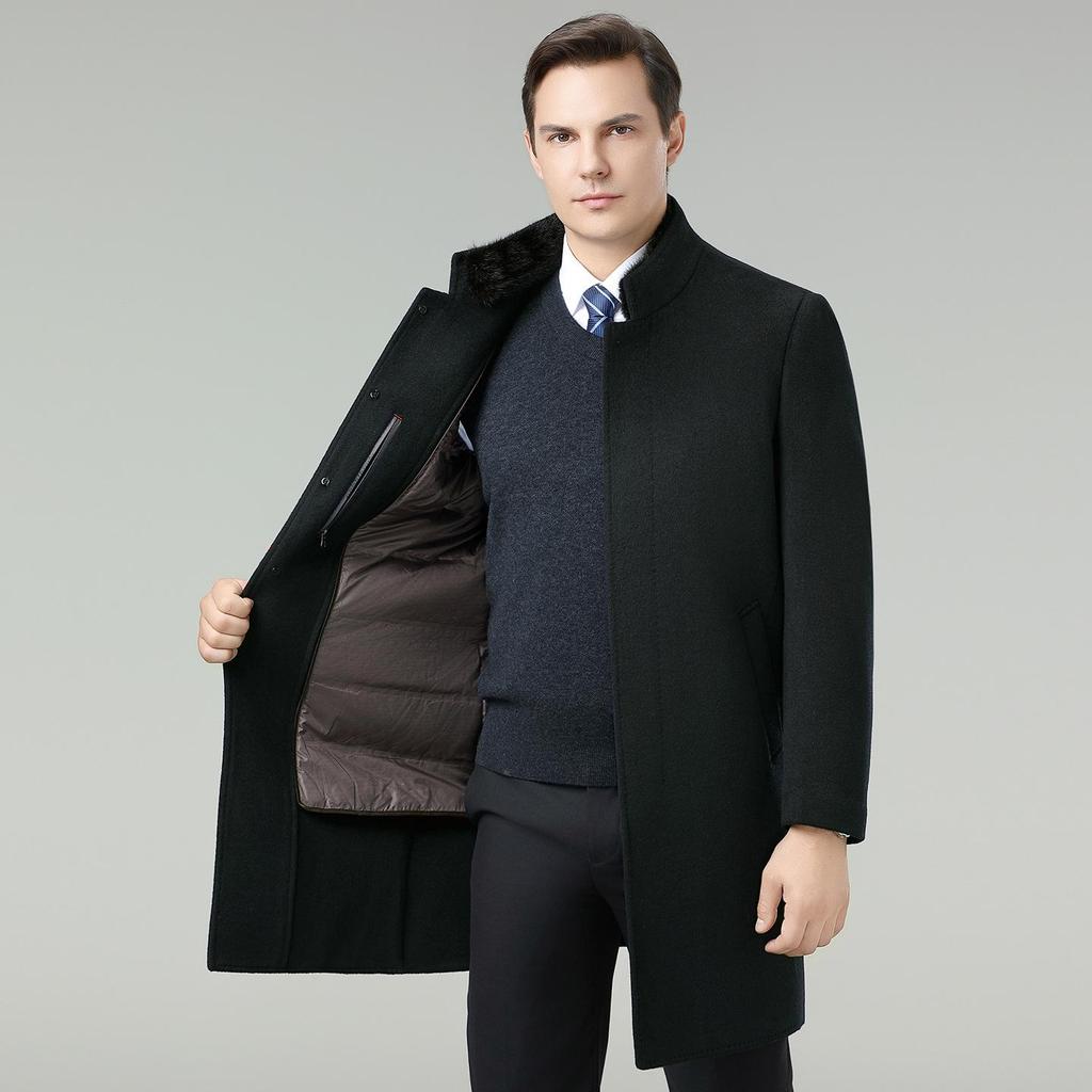 Men's Winter Wool Coat with Mink Fur Collar and Down Liner
