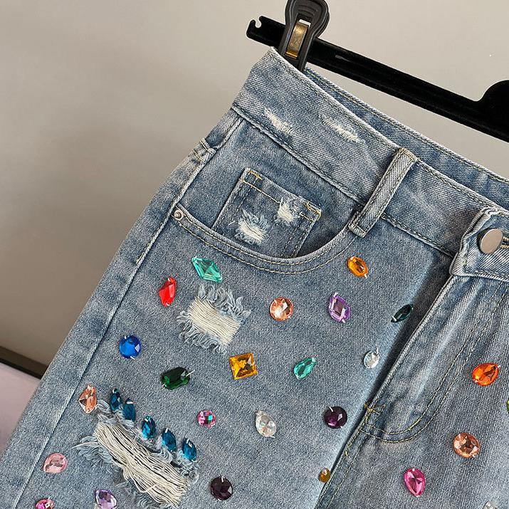 Džínové šortky s vysokým pasem s korálky s diamanty Dámské letní modely Slim Všestranné Roztrhané šortky s třásněmi