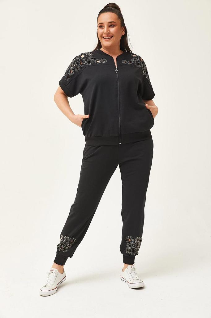 Women's Fashion Big Size Tracksuit Set Large Size Transparent Cut Stone Printed Summer Short Sleeve Green Tracksuit Set