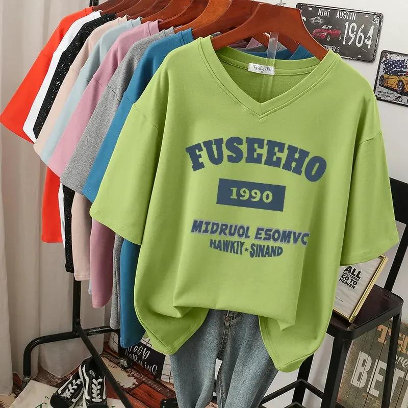 

Женская футболка с буквенным принтом, летняя, большого размера, с короткими рукавами, однотонный топ, пара, напечатанная цифра, O-образный вырез, свободные футболки 3XL зелёный