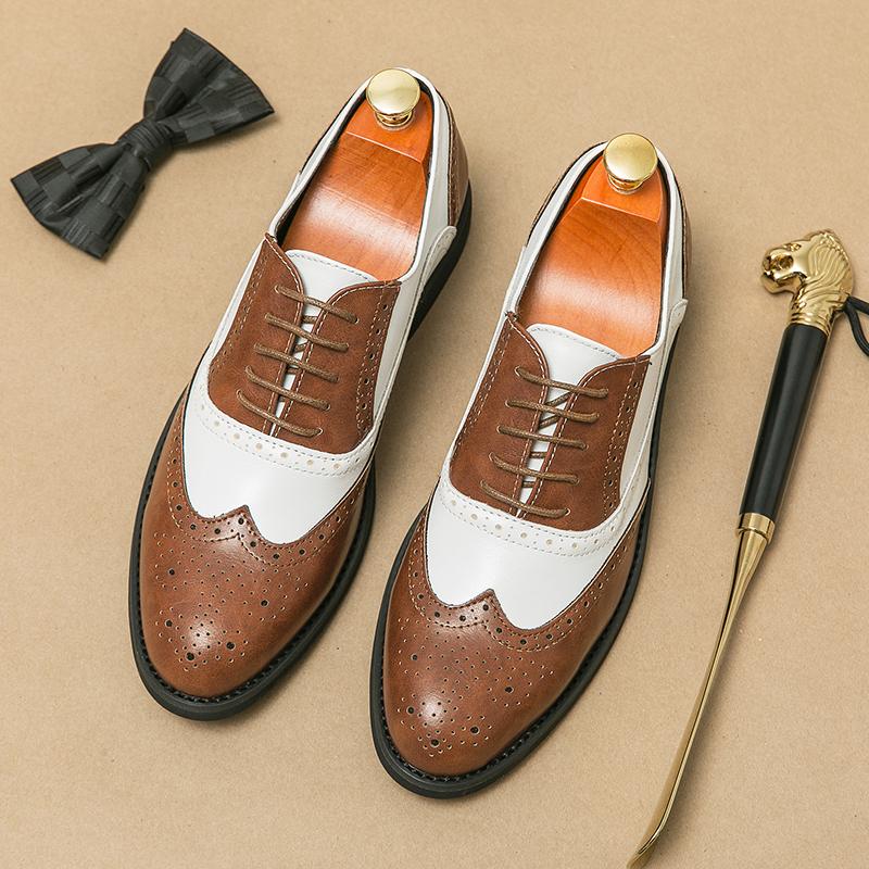 Men White Brogues Derbys Formal Business Leather Shoes Men Retro Black Tuxedo Wedding Classic Dress Shoes Over Sized