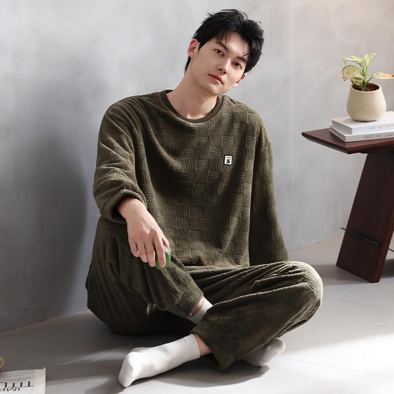 Pajamas Men's winter thickened fleece flannel can be worn outside pullover large size loungewear coral fleece autumn and winter suit