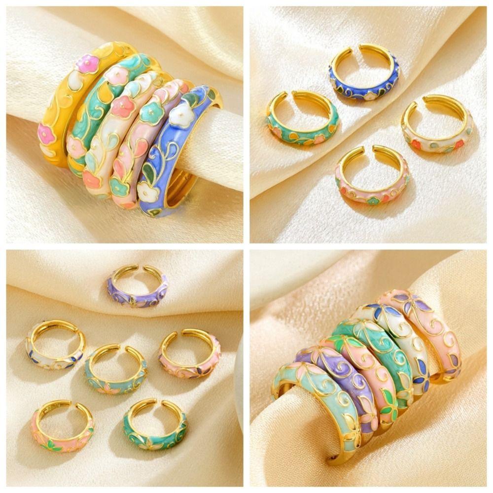 Colorful Oil-Drop Enamel Ring Versatile Drip Glazing Ring Vintage Flower Open Ring  Wedding