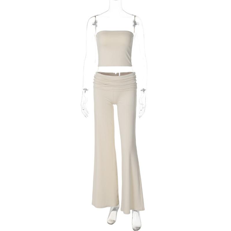 Women Casual Solid Strapless Sleeveless Top Flared Pants Two Piece Set