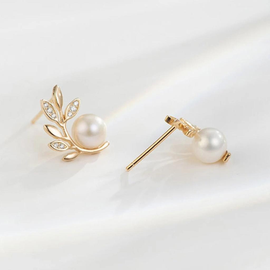 Leaf Branch Design Pearl Stud Earrings Delicate Sparkling Elegant Women Jewelry