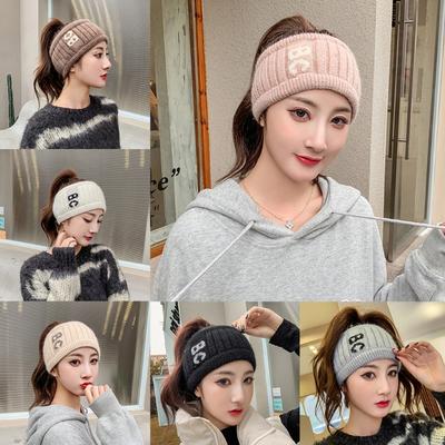 Womens High Messy Bun Beanie Hat with Ponytail Hole Winter Warm Trendy Knit Ski Cap with Letters Stretchable Headband