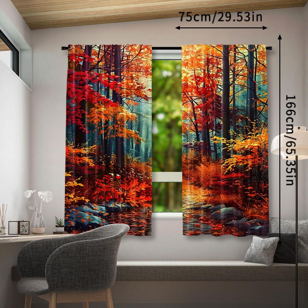 2pcs Vibrant Autumn Forest Curtains - Rod Pocket Window Treatment with Serene Lake & Foliage Design   Perfect for Bedroom   Office