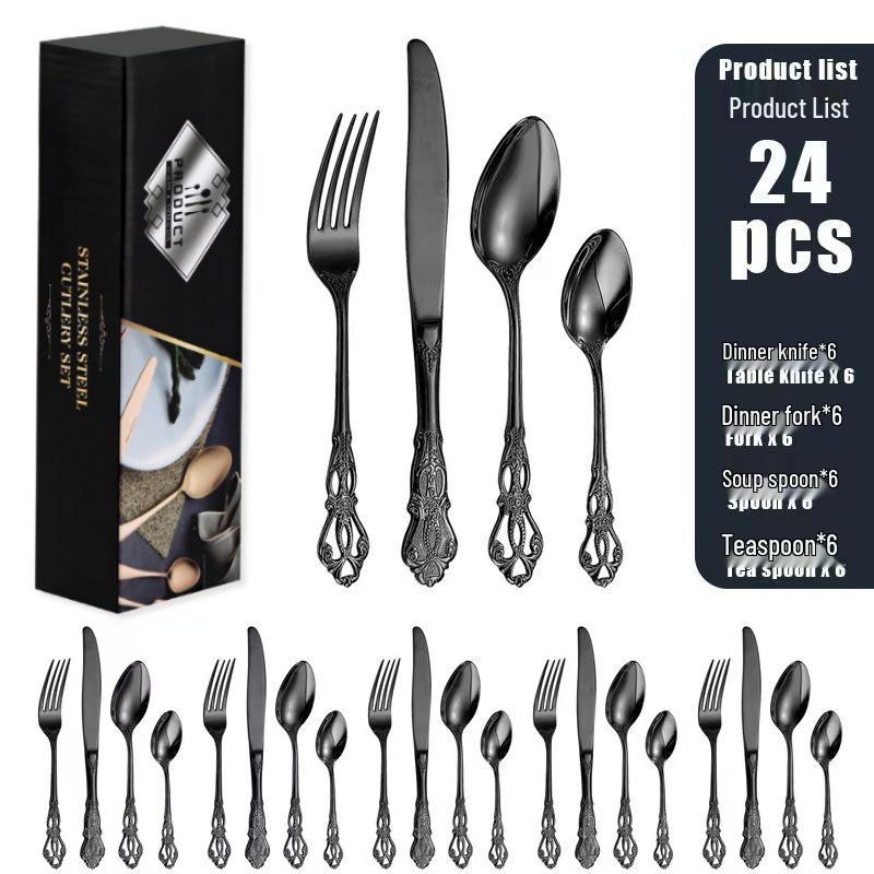 Royal Court 24-Piece Stainless Steel Cutlery Set - Embossed Hollow Steak Knives, Forks, and Spoons