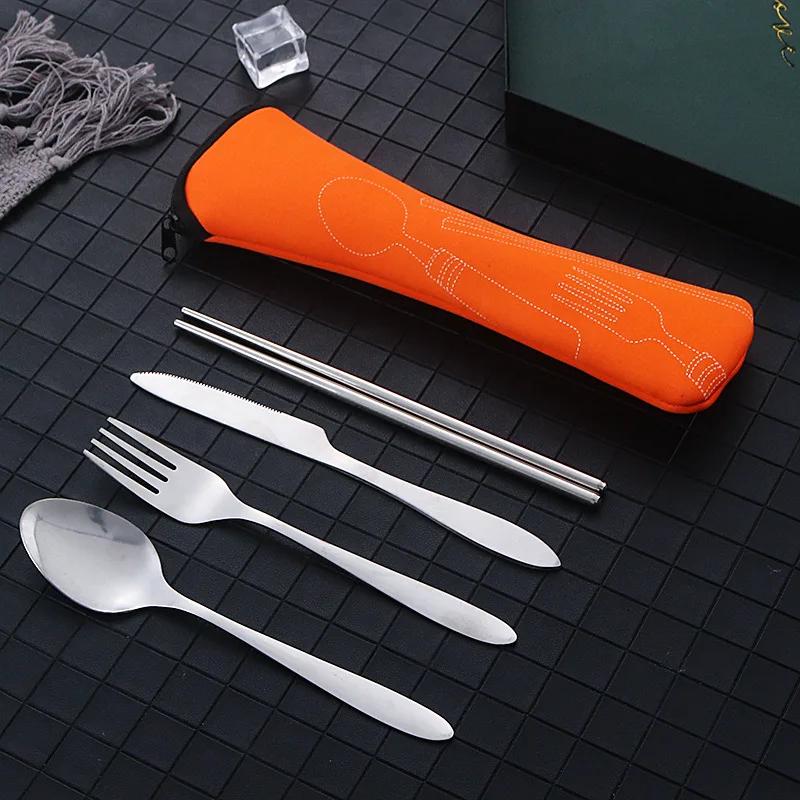 

Набор из 4 предметов из нержавеющей стали, портативные ножи, вилка, ложка, семейный набор столовых приборов для стейка, посуда с сумкой Vajilla оранжевый