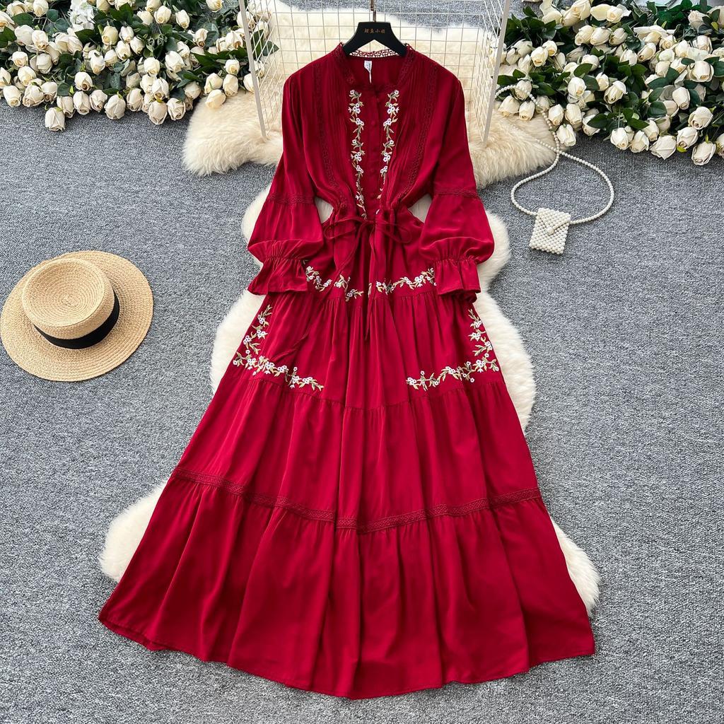 Robe d'été française vintage ethnique pour femmes, dentelle brodée, élégante, manches longues, ample, décontractée, maxi, robe de soirée