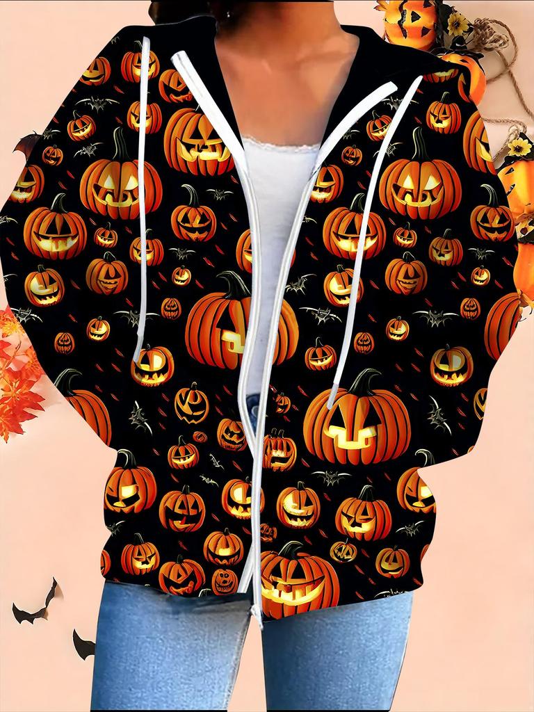 Halloween 3D Printed Hooded Cardigan Plus Size Autumn Winter Retro