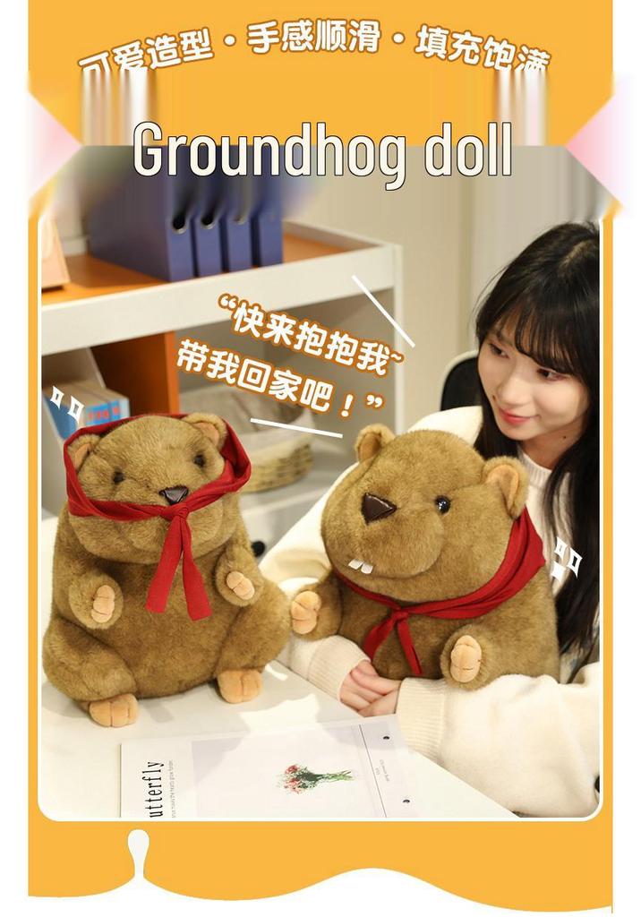 Red Scarf Marmot Plush Toy - Cute Mouse Figurine & Realistic Beaver with Big Incisors, Perfect Kids' Birthday Gift