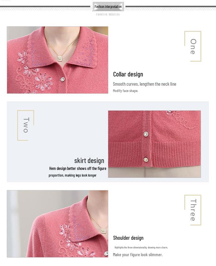 Luxury 100% Pure Wool Embroidered Cardigan for Mothers and Grandmothers - Mid-aged & Elderly Women's Lapel Sweater