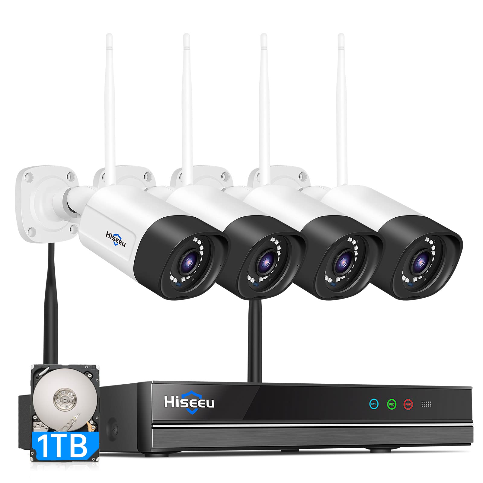 

Бездротова камера безпеки Hiseeu Integrated NVR 1920P 5 мегапікселів Набір із 4 жорстких дисків ємністю 1 ТБ з можливістю розширення до 10 каналів Дистанційне спостереження Аудіо Водонепроникний