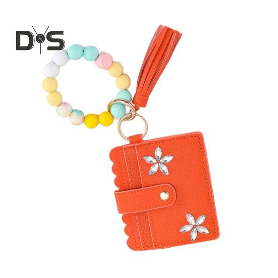 

Держатель для карт с защитой RFID, декорированный стразами, цветами и бусинами, женский браслет, брелок, держатель для кредитных карт из искусственной кожи с кисточкой 1