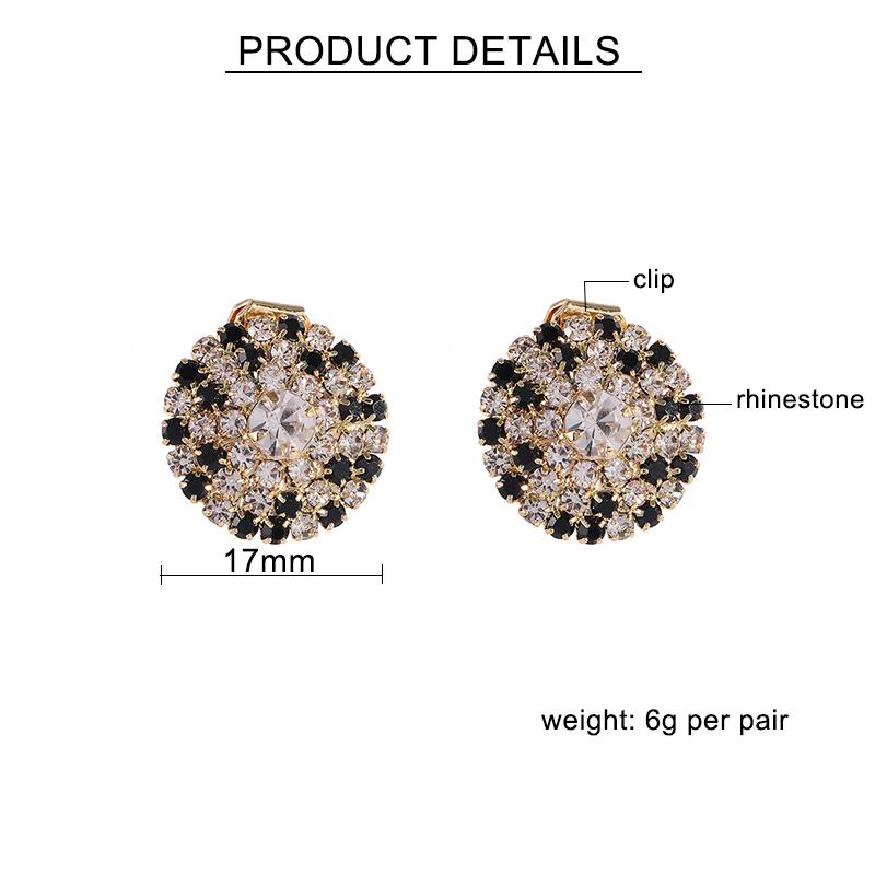 Fashion Black WhiteMixed Sparkle Rhinestone Clip on Earrings Round Gold Without Piercing Elegant Woman Wedding Jewelry Gift