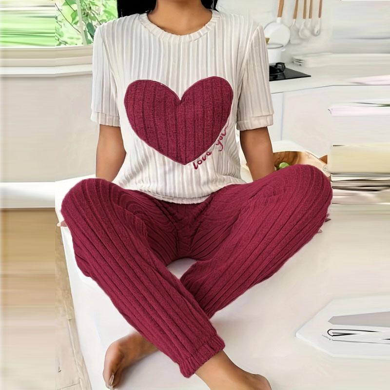 

Женская пижама с узором в виде сердечек, футболка с коротким рукавом, длинные брюки, двухпредметная, простая и милая, повседневная домашняя одежда для женщин XXL красный