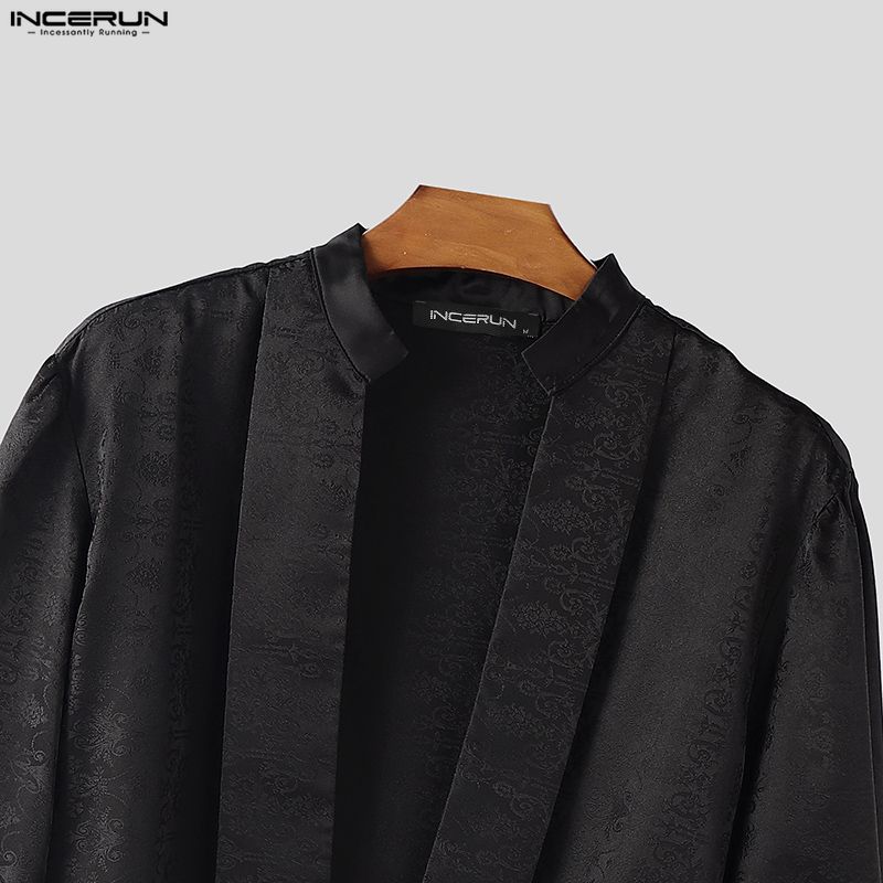 INCERUN Mens Deep V Neck Long Sleeve Floral Patchwork Front Cross Casual Elegant Crop T-shirts