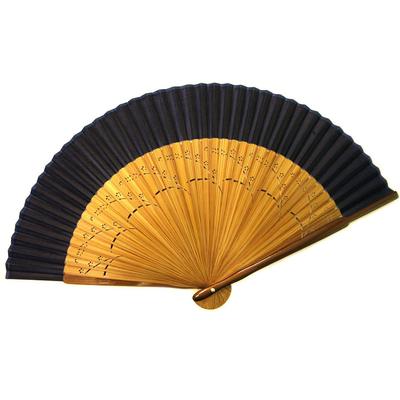 Folding Fan, Silk-covered Fan, Glitter-painted Base, Ebony Wood Frame, Medium-short Width, Carved Pattern, Navy Blue.