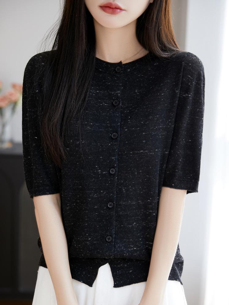 Women's Floral Wool Knit Cardigan - Round Neck, Short Sleeves, 2025 Spring/Summer Collection