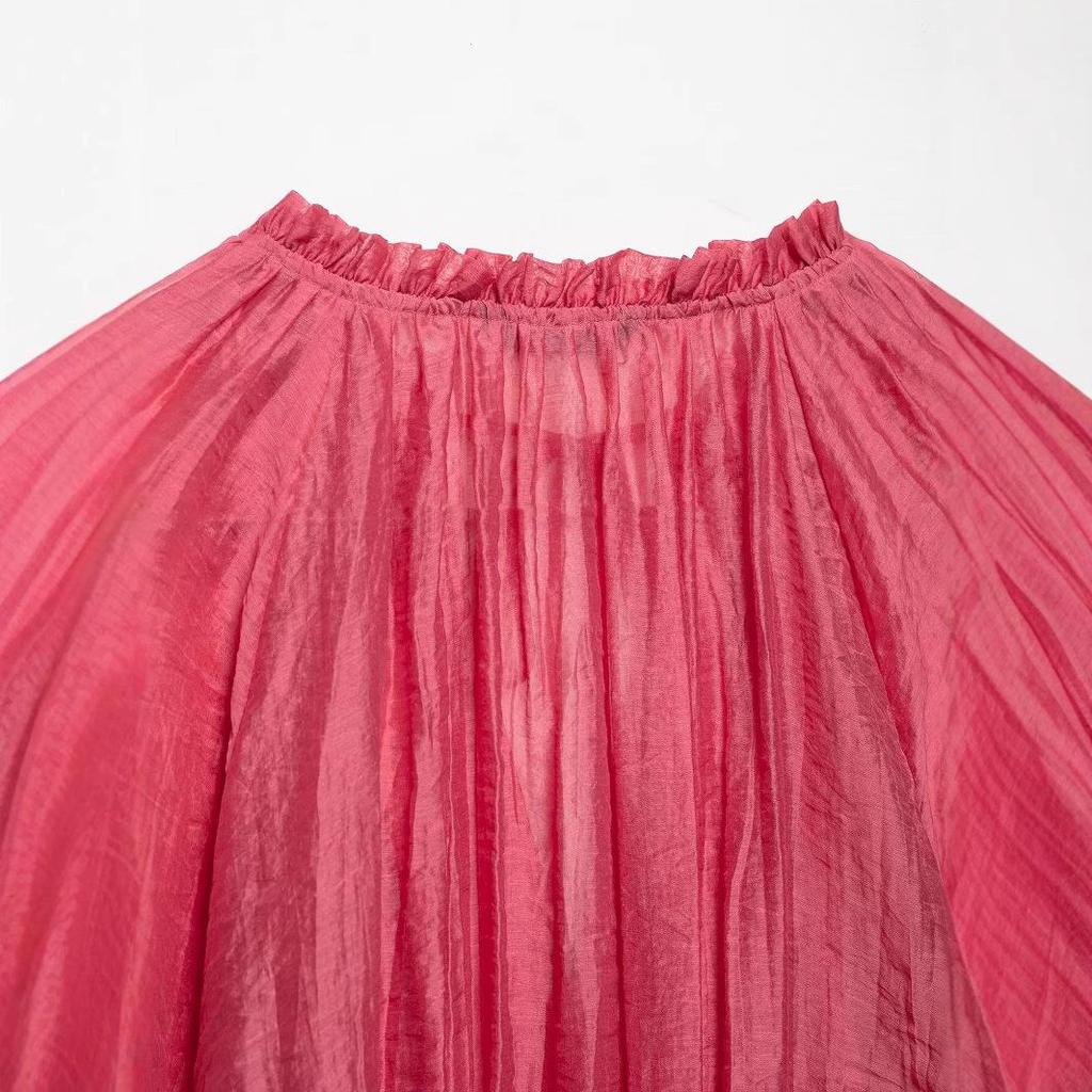 ZA Women's 2025 Spring European & American Style Crinkle Ruffle Stand Collar Short Top and Midi Skirt Set