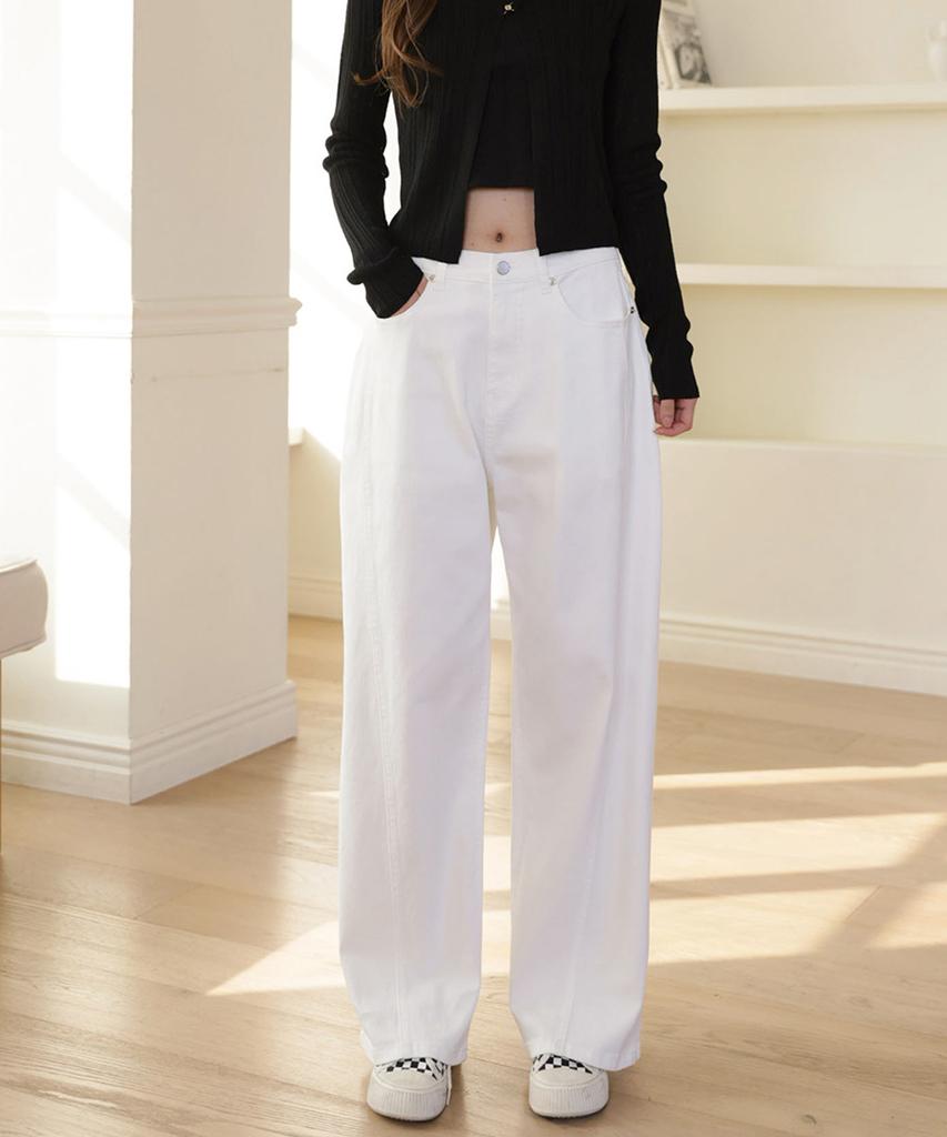 Jikeulib White Curved Cut-Line Wide Cotton Pants
