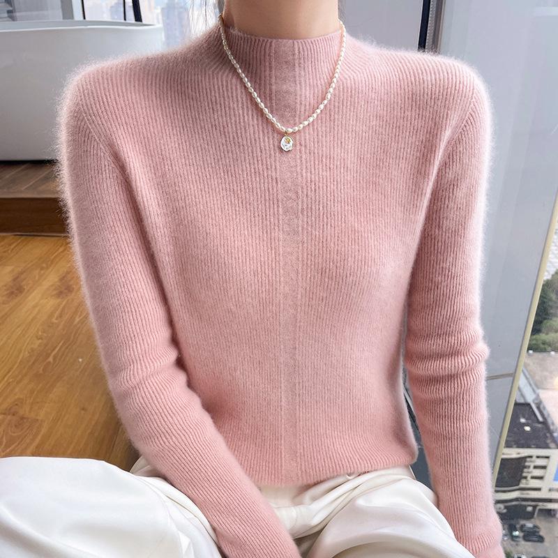 Women's Slim Fit Half-High Neck Wool Sweater - Autumn/Winter Collection, 100% Pure Wool Pullover Base Layer