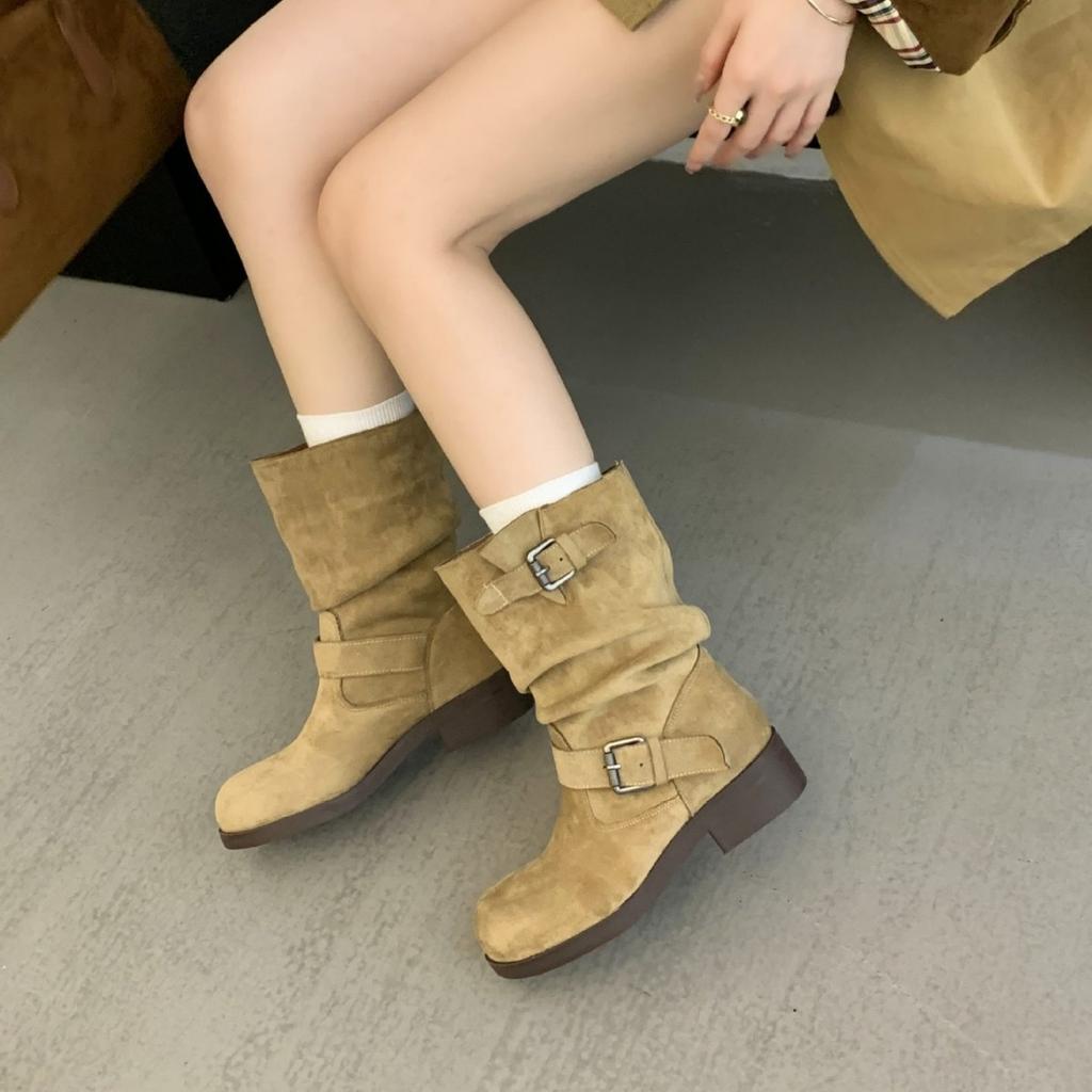2025 Autumn and Winter Round Head Martin Boots Women's Spice Girls Medium Tube Belt Buckle Retro Maillard Cowboy Boots Short Boots Women