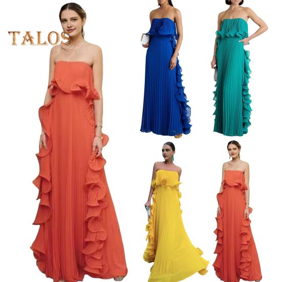 Damen Schulterfreies Maxikleid Sommer Rüschen Plissee Swing Langes Kleid für Hochzeitsfeiern Reisen Strand-Outfit