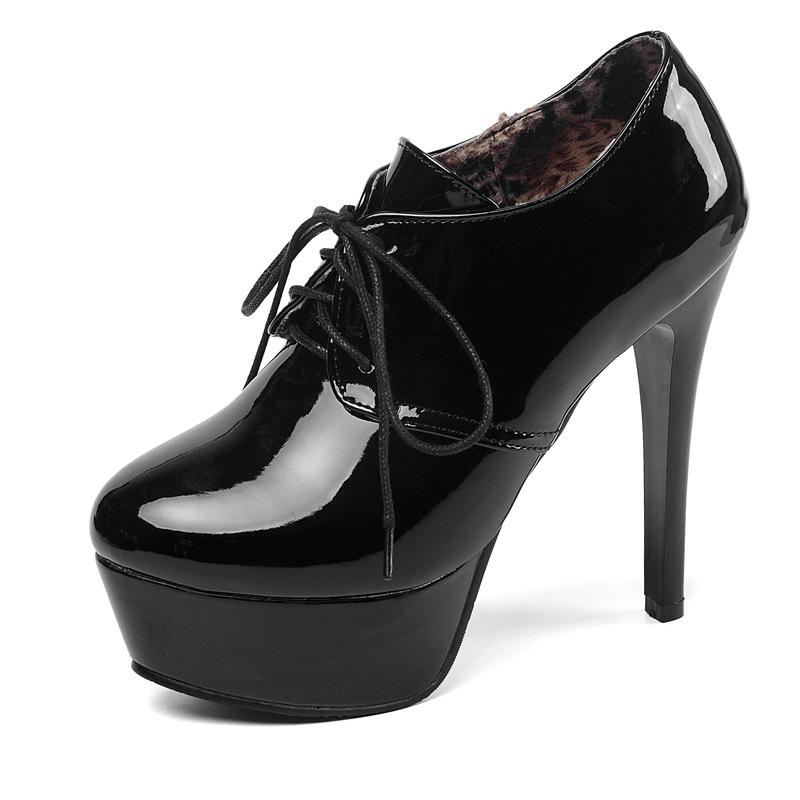 Модные женские ботинки новые зимние модные ботинки с круглым носком на шнуровке и высоким каблуком женские ботинки большие размеры 34-45 высота каблука 10 см черные 43 5980₽