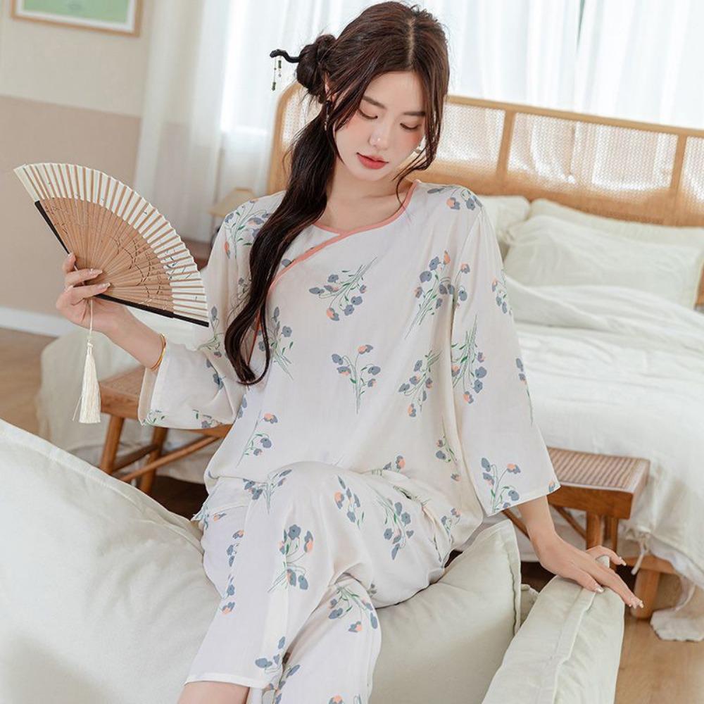 Neues Frühjahrs- und Herbst-Langarm-Pyjama-Set für Damen, Neuer Chinesischer Süßer Antiker Stil, Rundhals-Pullover, Studentenmädchen, Hauskleidungs-Set