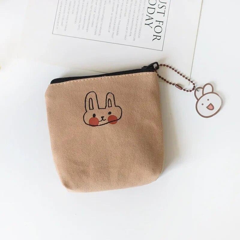 Square Canvas Coin Money Organizer Bags Cute Rabbit Small Wallet Pouch Cards Keys Earphones Storage Bags Rabbit Pendant Random