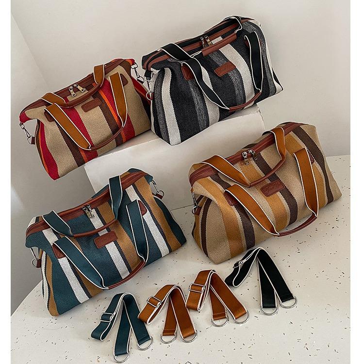 Striped Canvas Women's Travel Bag - Japanese Style, Large Capacity, Handheld, Single Shoulder, Crossbody Bag