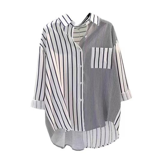 

Женская рубашка в полоску с принтом, короткая передняя и длинная задняя блузка с отворотом и длинным рукавом, однобортная, Свободная повседневная повседневная блузка соответствующего цвета L синий
