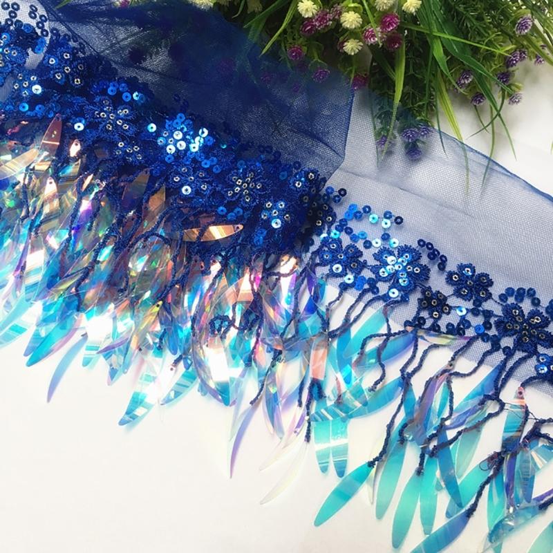 1 Yard Sequins Lace Sewing Garments Accessories DIY Fringe Mesh Tassel Embroidered Ribbon Sewing Craft for Dance Party