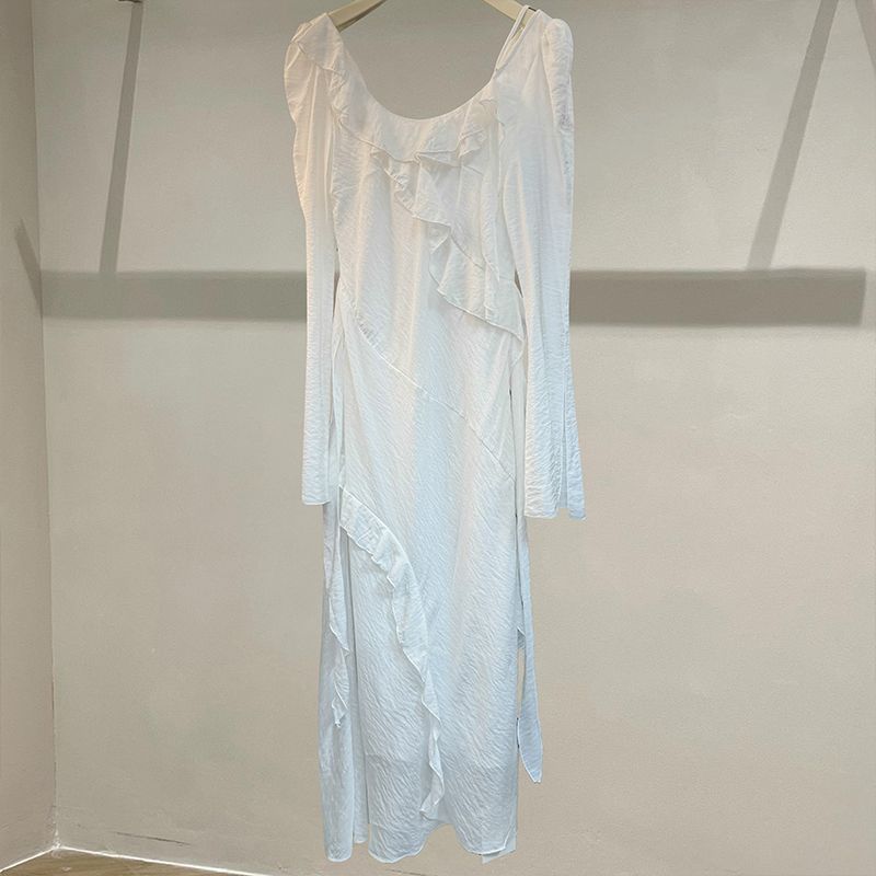 

13 Lines Autumn Clothing French Style Lightly Mature round Neck Ruffles Puff Sleeves Slimming Long Yellow Casual Dress Women White M